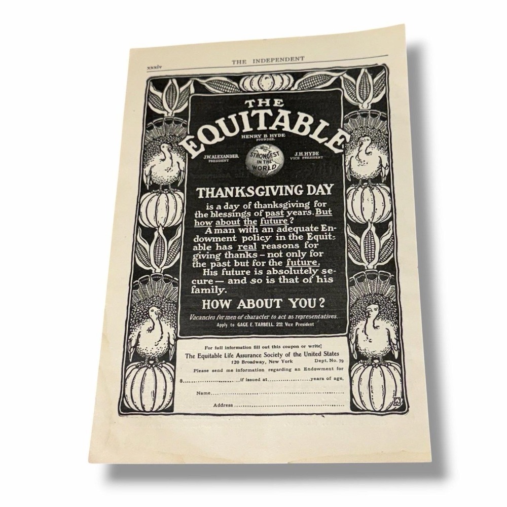 1903 Equitable Assurance Society of the US Thanksgiving Original Vintage AE